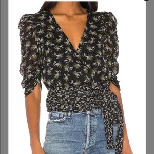 Bailey 44 Black Floral Wrap Top with Puff Sleeves